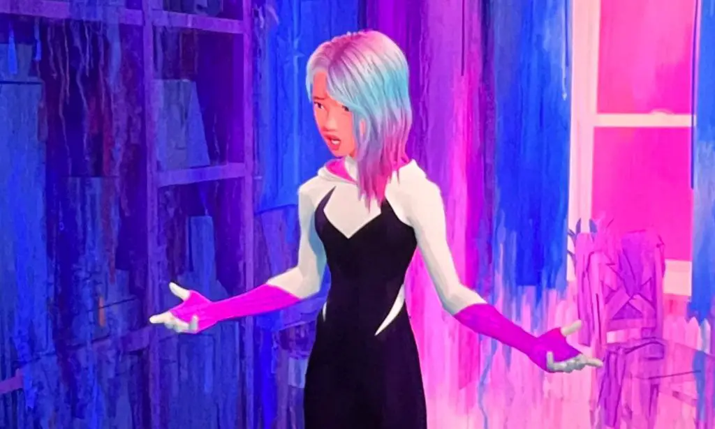 Gwen from Across the Spider-Verse, lit up in transgender flag colours.